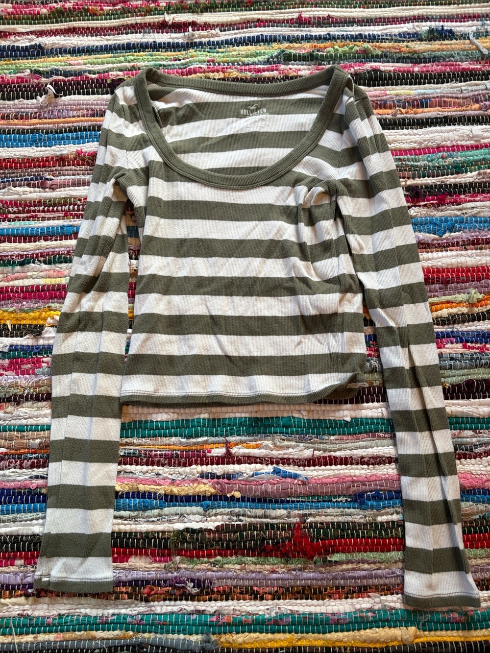 Hollister Olive Green & White Striped Long-Sleeve Scoop Neck Top